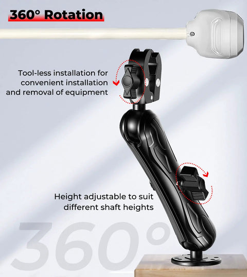 Rock Solid 1.5 Inch Ball Trolling Motor Stabilizer Mount Support with 360° rotation for tool-less installation and adjustable height.