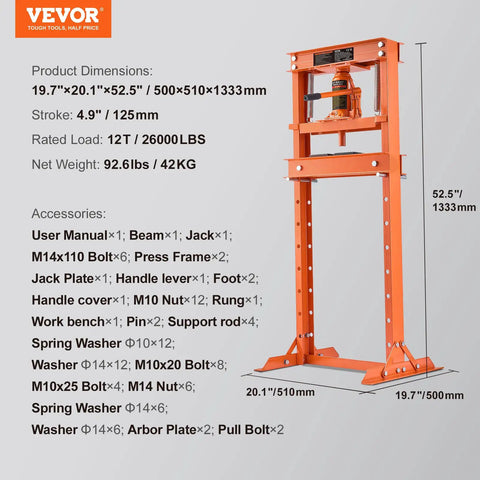 Beast 12 Ton Hydraulic Shop Press With H Frame, 4 Position Adjustable Height And Movable Plates, Ideal For Garage Or Pro Shops, Heavy Duty Auto And Metalworking Tool In Durable Orange Finish