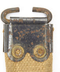 Close-up of WWII British Enfield Web Khaki Sling With Steel Fittings Authentic Dated Military Gear For SMLE Rifles buckle detail