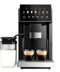 Fully Automatic Espresso Machine With Integrated Grinder And Auto Milk Frother, sleek design, two cups of espresso brewed.