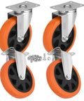 Heavy Hitter 6 Inch Caster Wheels Set Of Four With Ball Bearings and 360 Degree Swivel Action showing orange and black polyurethane wheels.