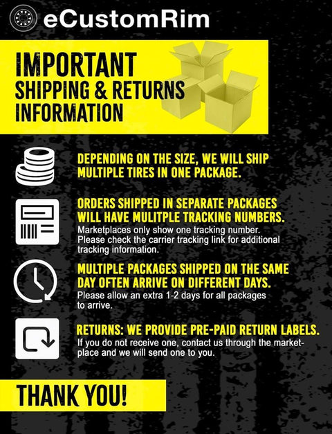 Shipping and returns information from eCustomRim including details on multiple packages, tracking numbers, and return labels.