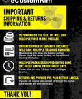 eCustomRim shipping and returns information poster with icons and text details on package tracking and return labels.
