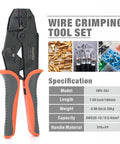 Crimp Like A Pro Wire Crimping Tool Kit With Wire Stripper And Ratchet Action And 5 Interchangeable Dies shown with specifications