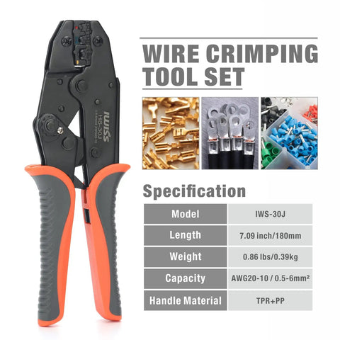 Crimp Like A Pro Wire Crimping Tool Kit With Wire Stripper And Ratchet Action And 5 Interchangeable Dies shown with specifications