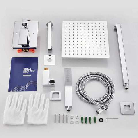 Complete set of 10 Inch All Metal Shower System With Tub Spout, Wall Mount, And Hand Shower, parts laid out for installation