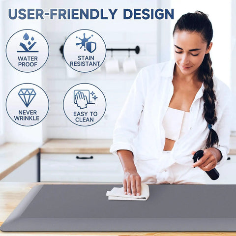 Four Fifths Inch Thick Memory Foam Kitchen Mat Anti Fatigue Comfy Non Slip Stain And Water Resistant Floor Rug For Kitchen Office Or Workshop 17 By 28 Inches Gray shown in kitchen with person cleaning.