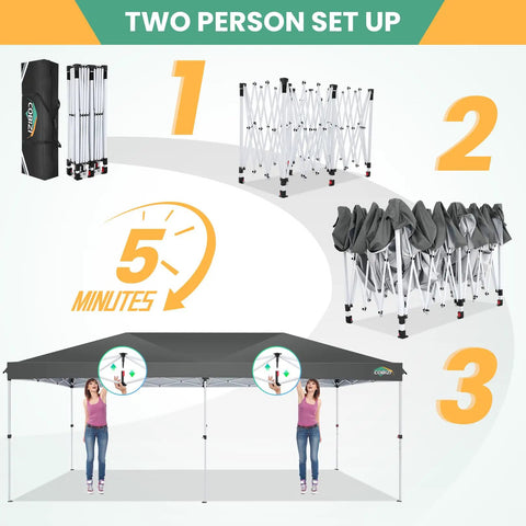 10x20 Pop Up Canopy Tent With One Push Easy Up Frame, 6 Removable Sidewalls, Built In Air Vent, Waterproof UV50 Plus, two person setup steps