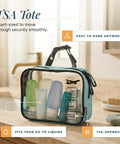 All In One Travel Toiletry Kit Three Piece Set With Hanging Toiletry Bag TSA 311 Liquid Bag in Dusty Teal on bathroom counter.