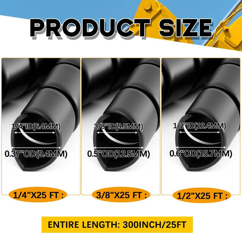 3 Pack Spiral Wrap Cable Protector For Cables And Hoses With 1/4 Inch, 1/2 Inch, And 3/8 Inch Outer Diameters With 25 Foot Pre Cut Lengths To Shield Hydraulic And Pneumatic Hoses Black showing sizes