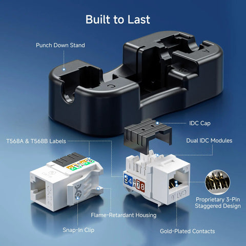 Ultra Slim Cat6 Keystone Jacks 25-Pack with punch-down stand, IDC cap, dual IDC modules, gold-plated contacts, and flame-retardant housing.