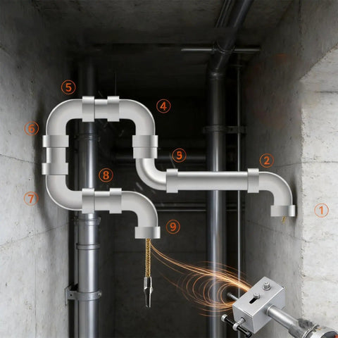 Pro Grade Wall Wiring Machine And Cable Hidden Pipe Threading Tool With Electric Drill Feed System, showing pipes and threading tool in tight space.