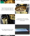 Commercial Coffee Roaster With Drum Roasting System, Digital Control, and Cooling Tray, shown with sample roaster details.
