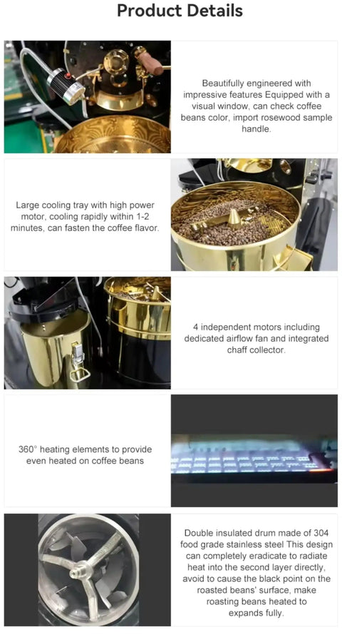 Commercial Coffee Roaster With Drum Roasting System, Digital Control, and Cooling Tray, shown with sample roaster details.