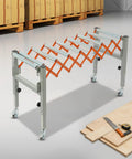 Sturdy Adjustable Conveyor Roller Stand For Table Saw, Heavy Duty Steel Outfeed Support With 110 Lbs Weight Capacity, Anti Rust Design with orange rollers.