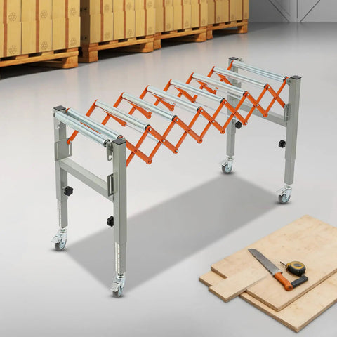 Sturdy Adjustable Conveyor Roller Stand For Table Saw, Heavy Duty Steel Outfeed Support With 110 Lbs Weight Capacity, Anti Rust Design with orange rollers.