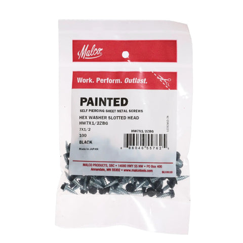 Bombproof Self Piercing Sheet Metal Screws With Slotted Hex Washer Head And Durable Black Coating Size Seven Half Inch Length Combo Lead Thread For Zero Strip Drive And Killer Grip One Hundred Solid Pack in package.