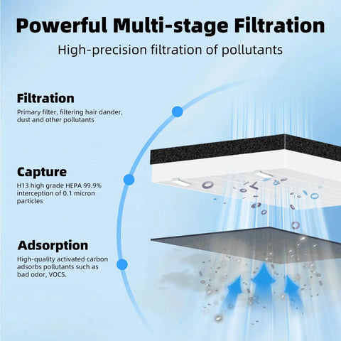 Diagram of Vital 100 Replacement Filter Pack For Air Purifier 3 Pack 3 In 1 H13 HEPA showing filtration stages.