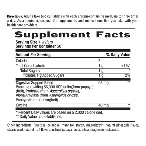 Supplement facts for Kickstart Your Gut Game With This High Potency Papaya Digestive Enzyme Blend featuring 200 wafers.