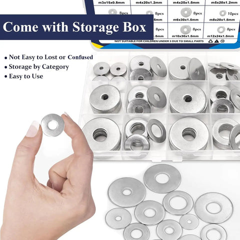 Stainless Steel Fender Washers Set 108 Pcs 12 Sizes From M3 To M12 304 Grade Wide Flat Washers Assortment Kit in storage box