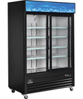 Kickass Commercial Merchandiser Refrigerator Delivering Rock Solid 45 Cubic Foot Storage With Eight Roomy Shelves For Chill Beverage Display At Bars Restaurants Or Retail Spaces, black finish, double glass doors, empty shelves.