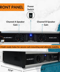 Powerhouse 2 Channel 2000W Professional Amplifier For DJ PA System And Home Audio front panel view with dimensions.