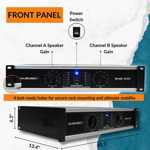 Powerhouse 2 Channel 2000W Professional Amplifier For DJ PA System And Home Audio front panel view with dimensions.