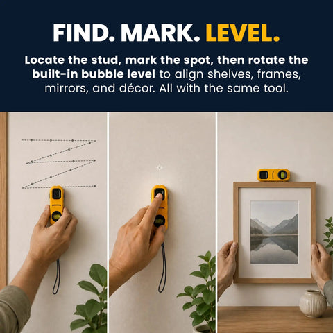 Magnetic Stud Finder With Built In Level And Marker battery-free yellow wall tool on drywall for stud finding and frame hanging