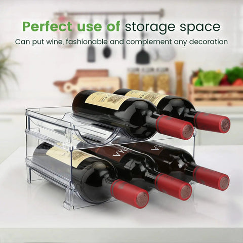 Heavy Duty Water Bottle Organizer For Cabinet Stackable Pantry Storage Rack Clear Shatter Proof Holder No Sweat Organization Big Time Space Saver Used For Kitchen Counter And Fridge Two Pack with wine bottles.
