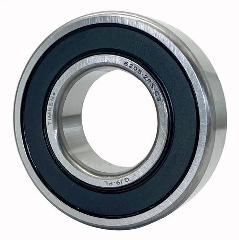 Close-up of 6205-2RSC3 deep groove ball bearing with double rubber seals, 25x52x15mm, part of a 2 pack for DIY projects.
