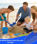 Family enjoying beach day with 2 Pack Kid Friendly Beach Shovels for Digging and Camping, 27 Inch Heavy Duty Mini Shovels, Blue.