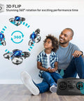 Kid Friendly Mini Drone For Beginners With Auto Hover Indoor RC Nano Quadrotor 3D Flips shown with remote and boy watching.