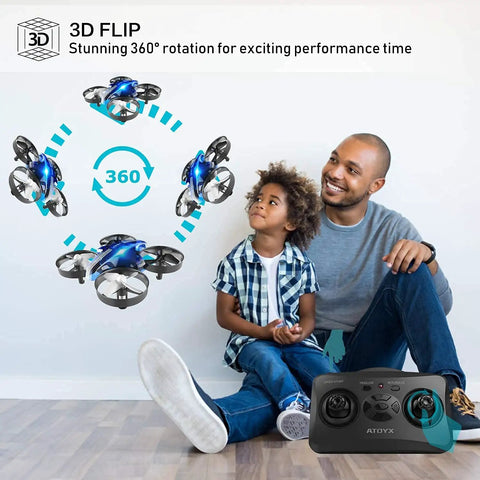 Kid Friendly Mini Drone For Beginners With Auto Hover Indoor RC Nano Quadrotor 3D Flips shown with remote and boy watching.