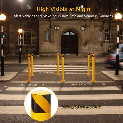 Top Shelf Yellow Steel Bollards 6 Pack 48 Inch Tall 4.5 Inch Diameter heavy duty posts positioned at night for traffic control.