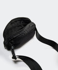 Open Everywhere Two Way Zipper Fanny Pack Nylon Waist Bag For Women with Adjustable Strap showing interior and black color.