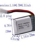 4 Pack 3.7V 250mAh LiPo Battery Set With MX2.0 Plug And 4 Port USB Charge Board for RC drones, showing dimensions