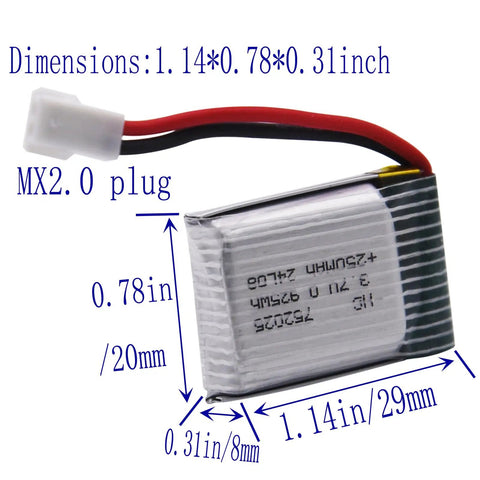 4 Pack 3.7V 250mAh LiPo Battery Set With MX2.0 Plug And 4 Port USB Charge Board for RC drones, showing dimensions