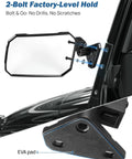 Door Off Mirror Kit For Jeep Wrangler TJ JK JKU 1997-2018, close-up of 2-bolt mounting system for secure hold on doorless setup.
