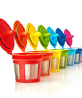 Seven Pack Reusable K Cups For Single Serve Coffee Makers No Fuss BPA Free Refillable Pods In Seven Colors in a row