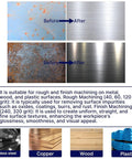 Before and after images showing rust removal from metal with 4 Pack Pro Grade Abrasive Burnishing Drum Wheel Set for surface conditioning.