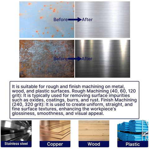 Before and after images showing rust removal from metal with 4 Pack Pro Grade Abrasive Burnishing Drum Wheel Set for surface conditioning.