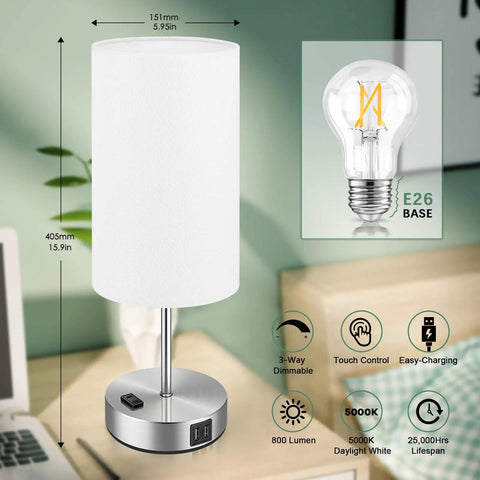 Pair Of Touch-Control Table Lamps With USB Ports And AC Outlet, 3-Way Dimmable Bedside Lamps With White Fabric Shade shown on desk