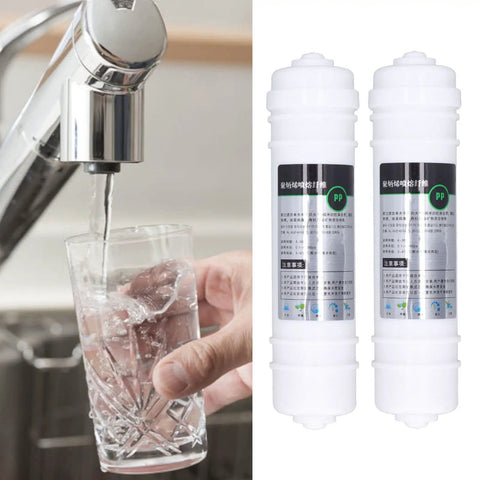 10 Inch Universal Water Purifier Filter Replacement with PP Cotton Dual Pack for Home and Industrial Setups next to faucet