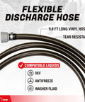 9.8 ft long vinyl discharge hose, tear resistant, for Heavy Duty Electric Def Drum Pump With Slick Flow Control Nozzle And Nine Point Eight Foot Vinyl Hose For Hassle Free Two Point Four Gpm Transfer No Fuss Setup Easy Pull Leverage Design.