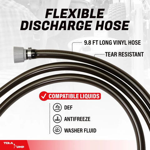 9.8 ft long vinyl discharge hose, tear resistant, for Heavy Duty Electric Def Drum Pump With Slick Flow Control Nozzle And Nine Point Eight Foot Vinyl Hose For Hassle Free Two Point Four Gpm Transfer No Fuss Setup Easy Pull Leverage Design.