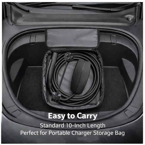 Level Up Your EV Life With This Rock Solid 10 Inch Nema 14-30 Wall Adapter Engineered For Tesla Gen Two And Three Connectors, Serving Up Lightning Fast Level Two 24 Amp Power, Zero Hassle Setup And Pure Reliability For Home Or Weekend Getaways, showing adapter stored in portable charger bag.