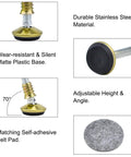 No Sweat Swivel Furniture Leg Levelers Built For Adjustable Glide Tips Heavy Duty Stainless Steel T Nut Foot Cups For Sofas Dining Chairs Laminate Floors Zero Noise Anti Scratch Protectors Four Pack Gold with matte plastic base.