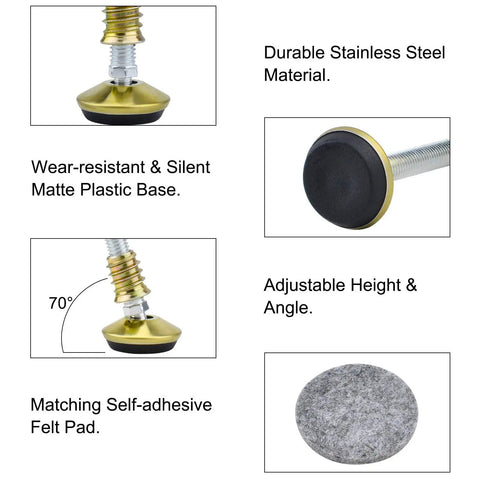 No Sweat Swivel Furniture Leg Levelers Built For Adjustable Glide Tips Heavy Duty Stainless Steel T Nut Foot Cups For Sofas Dining Chairs Laminate Floors Zero Noise Anti Scratch Protectors Four Pack Gold with matte plastic base.
