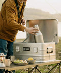 Rugged Folding Storage Box With Lid Heavy Duty Aluminum Frame Stackable Gear Crate, silver, 47L, for camping and picnics.
