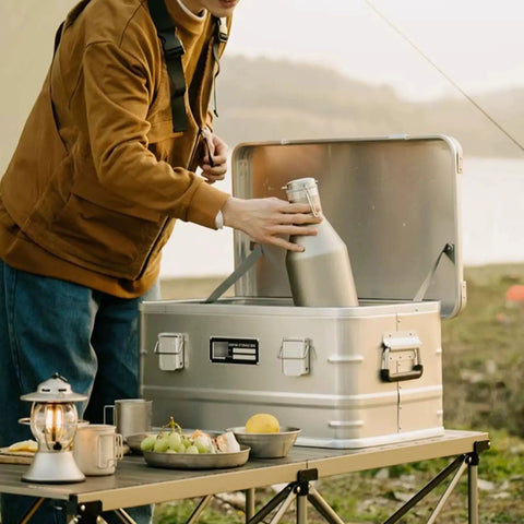 Rugged Folding Storage Box With Lid Heavy Duty Aluminum Frame Stackable Gear Crate, silver, 47L, for camping and picnics.